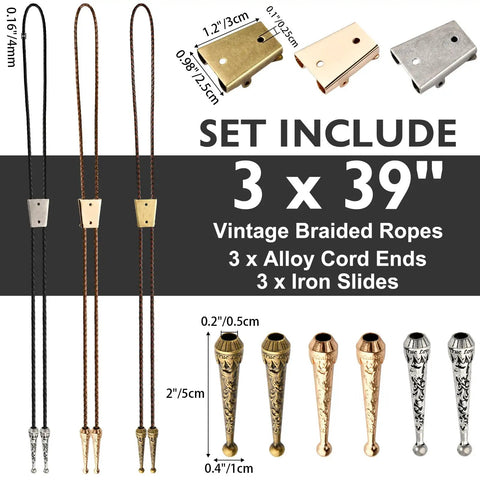 DIY Bolo Tie Making Kit With 3 Braided Leather Cords, 6 Alloy Cord Ends, 3 Iron Bolo Tie Slides, And 3 Classic Color Cords In Black, Gold, And Antique Copper For Crafting Custom Fits From Formal To Casual, 3 cords and metal ends