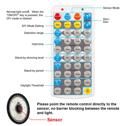 Remote control with settings for High Bay LED Light 150W With Motion Sensor 5000K Daylight Remote 3 Modes 21000LM Ceiling Light