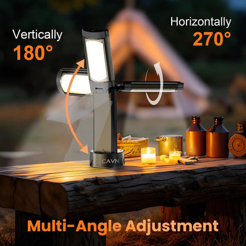 Your Go To Camping Light With Stand, Cordless LED Work Light in multi-angle adjustment on picnic table outdoors