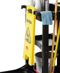26 Inch Heavy Duty Yellow Caution Sign For Slip Hazards And Wet Floors Twin Sided High Visibility Standup Floor Sign on a cleaning cart.