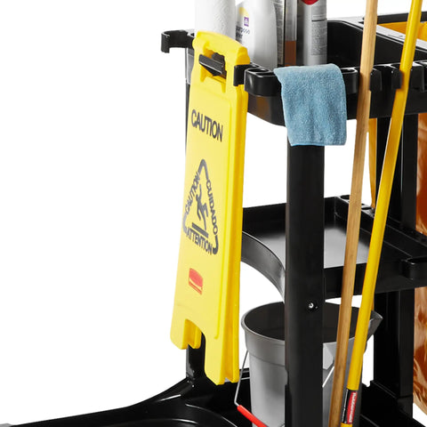 26 Inch Heavy Duty Yellow Caution Sign For Slip Hazards And Wet Floors Twin Sided High Visibility Standup Floor Sign on a cleaning cart.