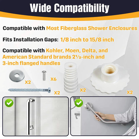 Universal Grab Bar Mounting Kit For Fiberglass Showers With Adjustable Spacers overview of components and compatibility features