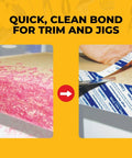 Before and after using Peel And Stick SpeedTape Double Sided Adhesive Tape For Edge Banding on a woodworking project surface.