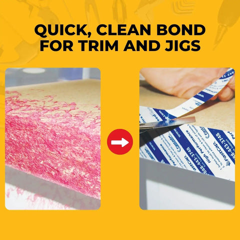 Before and after using Peel And Stick SpeedTape Double Sided Adhesive Tape For Edge Banding on a woodworking project surface.