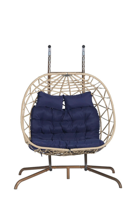 Double Swing Egg Chair With Stand For Patio And Balcony, Two Person Cozy Rattan Wicker Hanging Basket Chair With UV Cushions