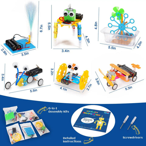 Six Piece Robot Kit Set For Kids 5 To 12 Build Reptile Robot Balance Car Bubble Machine Fiber Lamp And Sliding Plane