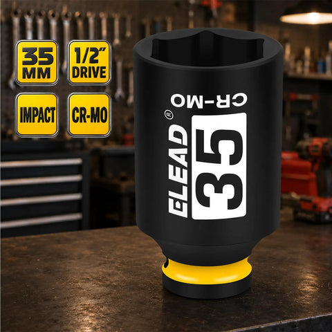 Heavy Duty Thirty Five Millimeter Deep Impact Socket With One Half Inch Drive For Axle Nut Removal Six Point Chrome Moly Steel