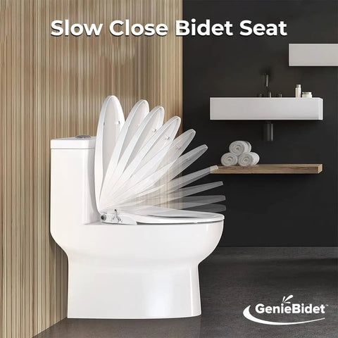 Elongated Bidet Seat With Dual Nozzles, Easy No Wiring Install, Self Cleaning on toilet illustrating slow-close feature