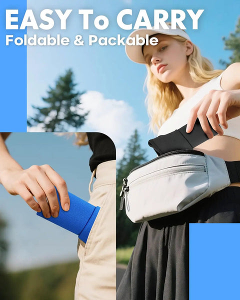 Woman holding lightweight wicking sun visor hat, foldable design demonstrated, ideal for outdoor sports and activities.