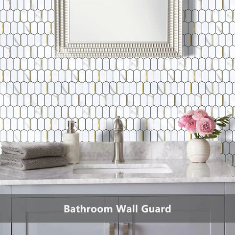 Long Hexagon Peel And Stick Backsplash Tiles Dope Look 10 Sheets 12.4 By 12 Inch White Marble Look PVC Mixed Metal Gold Self Adhesive Mosaic Wall Tiles For Kitchen And Bathroom in a bathroom setting