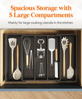 Expandable Kitchen Utensil Organizer for Drawers, Adjustable Cutlery Tray and Spatula Holder, shown in a kitchen drawer