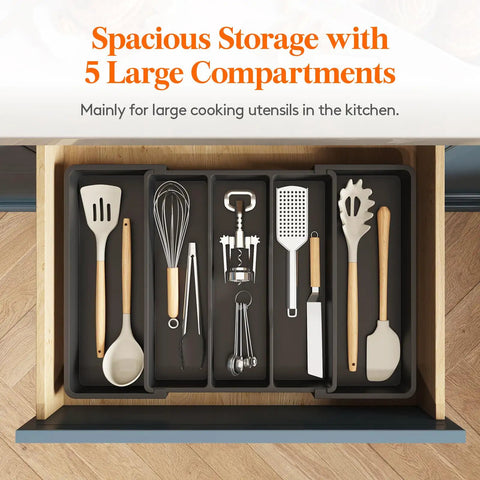 Expandable Kitchen Utensil Organizer for Drawers, Adjustable Cutlery Tray and Spatula Holder, shown in a kitchen drawer