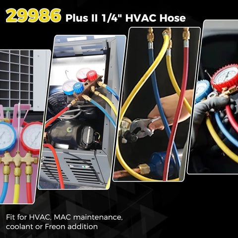 Three Piece 72 Inch Low Loss HVAC Refrigerant Hoses With Compact Ball Valve And Quarter Inch Flare Fittings in use