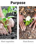 Auger drill bit for planting - two-panel gardening image showing hands planting vegetables and flowering plants.
