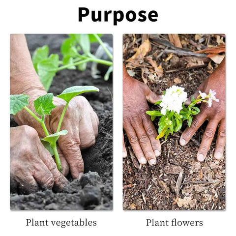 Auger drill bit for planting - two-panel gardening image showing hands planting vegetables and flowering plants.
