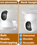 4 Pack Adhesive Wall Mounts For Security Cameras And Baby Monitors shown in front and back hanging positions with white shelves.
