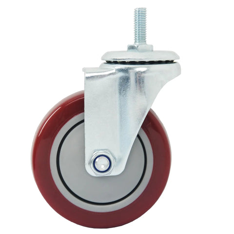 Heavy Duty Swivel Caster Wheels Featuring Slick Polyurethane Treads And A Sturdy Threaded Stem Mount close-up of a four-inch caster