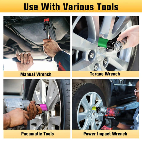 1/2 Inch Drive Wheel Protector Impact Socket Set Non Marring Thin Wall Deep Sockets Cr-Mo 6 Point in use with various wrenches