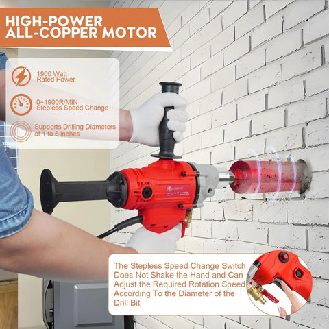 Beefy Diamond Core Drill Rig Handheld Wet And Dry Core Drilling Machine in use against a brick wall, highlighting 1900W motor.