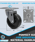 Heavy Duty 4 Inch Polyolefin Swivel Caster Wheels Set Of 4 With 1600 Lbs Capacity showing dimensions and mounting plate for industrial use.