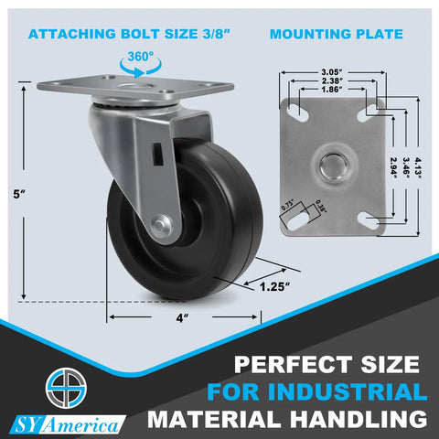 Heavy Duty 4 Inch Polyolefin Swivel Caster Wheels Set Of 4 With 1600 Lbs Capacity showing dimensions and mounting plate for industrial use.