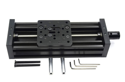 300mm 4080U Screw Slide Table Linear Actuator Kit with aluminum alloy black finish and 8mm lead screw, shown with fittings and tools.