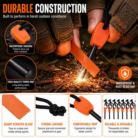 10 Pack Fire Starter Flint Steel Striker Kit For Camping And Hiking Ferro Rod Emergency Outdoor Survival Tools In Orange And Black Easy Spark And Reliable Fire Start For Bushcraft, showing use and details