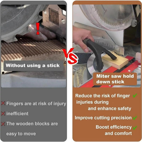 Comparison of without using a stick vs Miter saw hold down stick with Rubber Push Stick With Hold Down Clamp Set For Woodworking