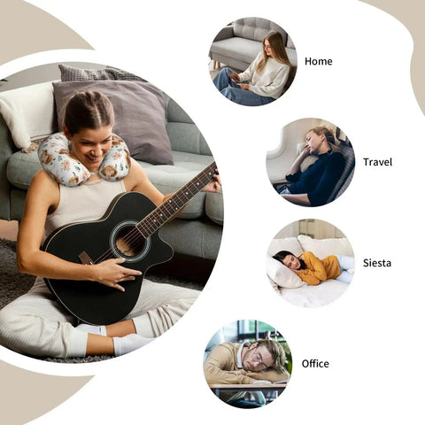 Cute Highland Cow Memory Foam Travel Pillow for neck support in home, travel, siesta, and office settings with guitar