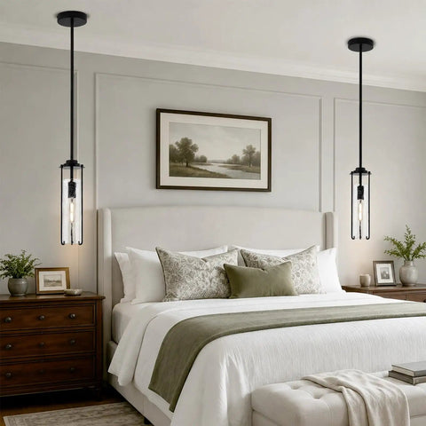 SeeU 2-Pack Black Pendant Light Kitchen Island, Crackle Glass Light Fixture hanging above a stylish bed in a modern bedroom.