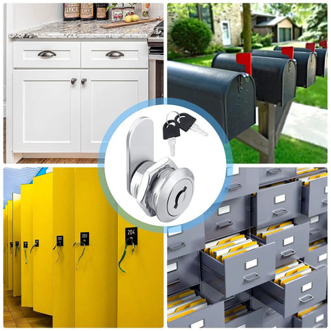 Sixteen Pack Cabinet Cam Locks With Thirty Two Keys Five Eighth Inch Diameter Keyed Alike Non Key Retaining Lock Set usage collage