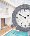 All In One Outdoor Clock With Thermometer And Hygrometer Weather Station For Patio And Garden, 14 Inch Diameter In Gray Sandstone Finish