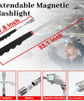 Extendable magnetic flashlight showing 7.8 inch and 33.1 inch lengths with mechanic using tool in workshop setting.