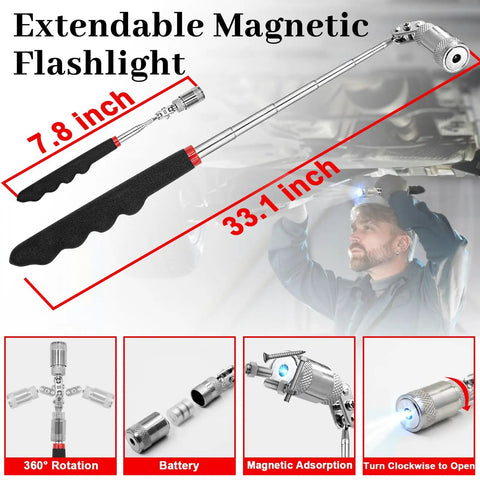 Extendable magnetic flashlight showing 7.8 inch and 33.1 inch lengths with mechanic using tool in workshop setting.