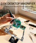 Hands Free Magnifier Station With 2.5X Glass Lens Dual Adjustable Alligator Clips On 4 Way Swivels Heavy Base for soldering.