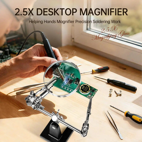 Hands Free Magnifier Station With 2.5X Glass Lens Dual Adjustable Alligator Clips On 4 Way Swivels Heavy Base for soldering.