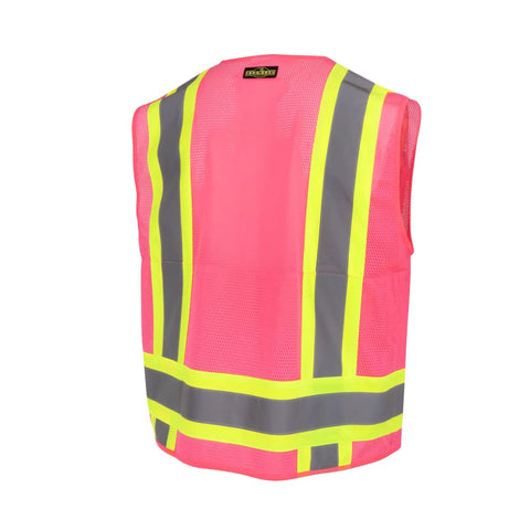 Fly High Vis Mesh Safety Vest For Crews Ansi Type O Class 1 Reflective Tape Lightweight Breathable Pink Work Pullover Extra Large back view.