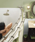 Brushed Nickel Adjustable 57 To 60 Inch Stainless Steel Double Curved Shower Curtain Rod With Wall Fixed Brackets in use in bathroom