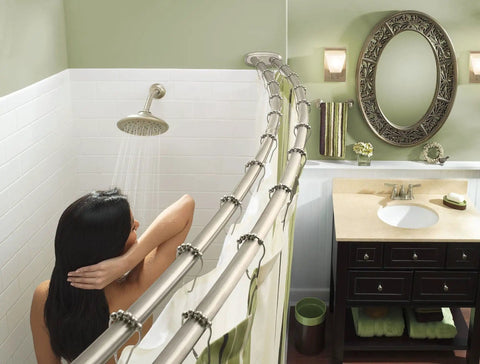 Brushed Nickel Adjustable 57 To 60 Inch Stainless Steel Double Curved Shower Curtain Rod With Wall Fixed Brackets in use in bathroom