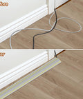 Before and after of Heavy Duty Ten Foot Floor Cord Cover With 3 Channel PVC Cable Protector for Wires, showing tidied cables indoors.