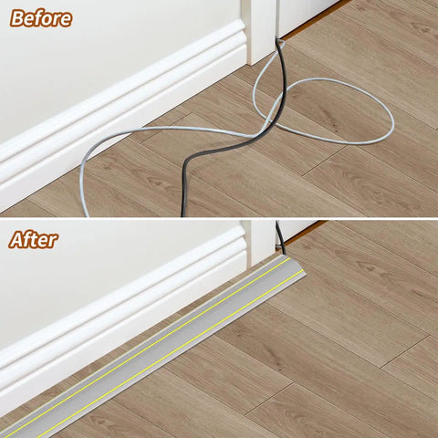 Before and after of Heavy Duty Ten Foot Floor Cord Cover With 3 Channel PVC Cable Protector for Wires, showing tidied cables indoors.