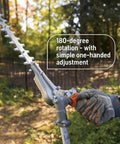 Gas Hedge Trimmer With 21-Inch Cutter Bar, Double-Sided Reciprocating Blades showing 180 Degree Rotating Pole Attachment in use.