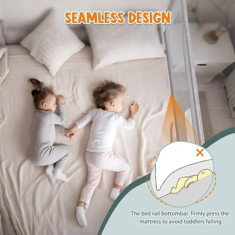 Two children sleep next to the Easy Install Toddler Bed Rail Guard For Twin Full Queen And King Beds with seamless design.