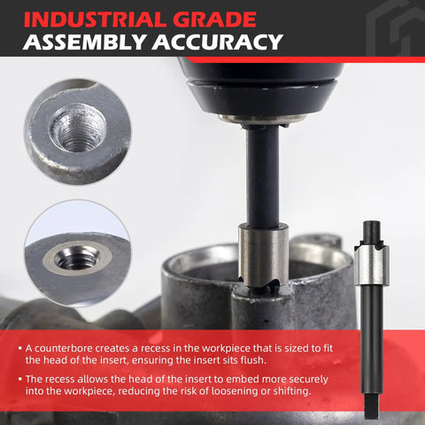 M6x1.0 Metric Thread Repair Kit with 9.4mm Stainless Steel Inserts, showing counterbore tool in use on metal workpiece.