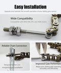 Heavy Duty Automatic Gate Opener Tie Rod Chain Connection Hardware for Sliding Gates with Roller Chain Bolt Tensioner installed