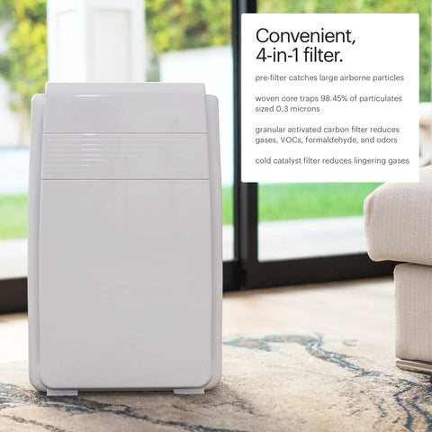 The Real Deal 5 Stage Air Purifier With On Demand Ion Tech And Pure Carbon Layers To Kick Out Dust Smoke And Allergens Inside Rooms Spanning 560 Square Feet with 4-in-1 filter in a modern living area.