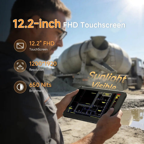 Heavy Duty Rugged Tablet With No Sweat Barcode Scanner And 12.2 Inch Windows 11 Pro Screen being used outdoors, showing high brightness and clarity.