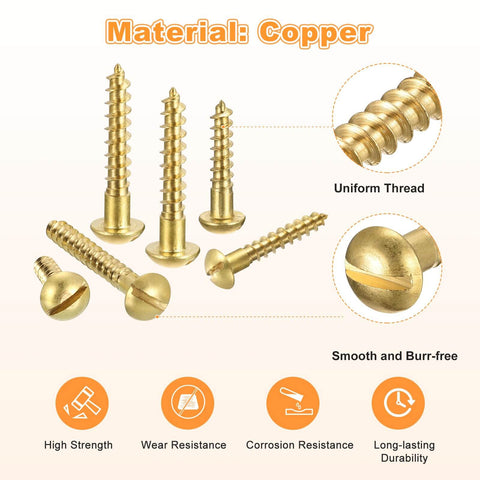 Copper Self Tapping Wood Screws M2 10mm Slotted Round Head on display, highlighting material and durability features.