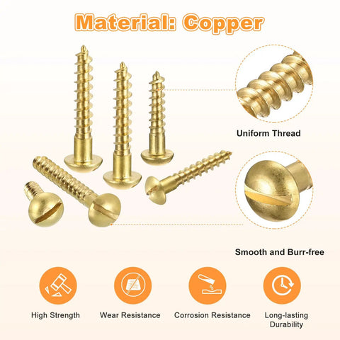 Rock Solid Copper Wood Screws M5 X 20Mm Slotted Round Head Self Tapping Fasteners Built Tough For Heavy Duty DIY Woodworking Jobs And Quick Home Fixes 20 Piece Pack, showing copper finish and detailed threads.