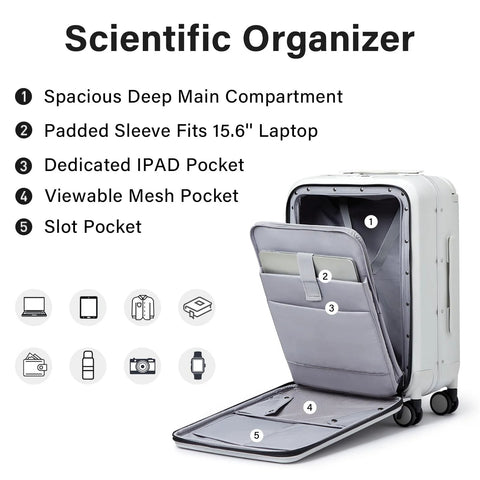 20 Inch Carry On Luggage With Front Pocket And Front Opening Design Aluminum Hardside Spinner Wheels TSA Lock Airline Approved White open